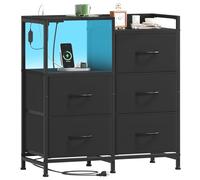 Somdot Table de chevet noire pour chambre à coucher, avec station de charge et lumière LED, large 5 tiroirs, commode avec bacs en tissu et étagère ouverte pour chambre à coucher, armoire d'enfant,