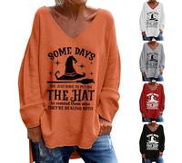 Some Days You Just Have to Put On The Hat Chemises d'Halloween Femmes Sorcière T-shirt Amusant Halloween Costume d'Halloween Col en V Manches Longues Tops Festival Vêtements, Orange, M
