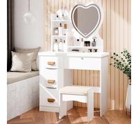 Somerway Bureau de vanité de Maquillage avec Miroir en Forme de cœur éclairé à LED, Table de vanité avec 4 tiroirs et étagères d'ouverture, Casse-toi Maquillage avec Tabouret UE
