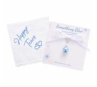 Something Blue Coffret cadeau pour mariée - Breloque en perles blanches et bleues et mouchoir brodé Happy Tears pour enterrement de vie de jeune fille, accessoire de fête prénuptiale, élégant mouchoir