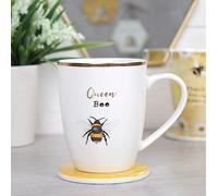 Something Different Wholesale Ltd Ensemble tasse et dessous de verre en céramique Queen Bee Blanc et jaune 10,2 cm x 12 cm (1 lot) - Design unique - Parfait pour les amateurs de thé ou de café