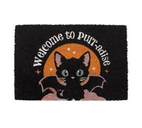 Something Different Wholesale Paillasson Noir Welcome to Purr-adise Cat - Décoration d'halloween ludique avec Ailes de Chat Noir et de Chauve-Souris, Touche saisonnière vive pour Les Amoureux des