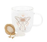 Something Different Wholesale Tasse à thé en verre à double paroi avec motif Luna Moth et infuseur en cristal de quartz transparent - Isolé, idéal pour le thé en vrac, améliore la saveur et favorise