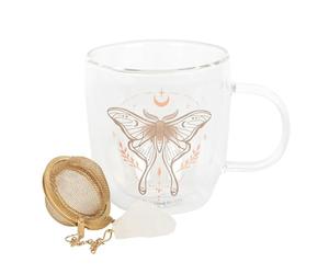 Something Different Wholesale Tasse à thé en verre à double paroi avec motif Luna Moth et infuseur en cristal de quartz transparent - Isolé, idéal pour le thé en vrac, améliore la saveur et favorise