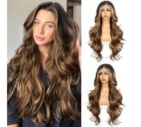 SOMIARIK Perruque ondulée marron auburn pour femme, 33 x 10,2 cm, perruque synthétique transparente avec dentelle frontale, perruque longue marron vif, raie au milieu, aspect naturel, fibre résistante