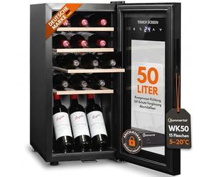 Sommertal Cave à vin avec porte en verre WK50 - 15 bouteilles, réglable à 5-20 degrés, verrouillable, éclairage LED, porte en verre, écran tactile, 4 étagères en bois, silencieux et économe en énergie