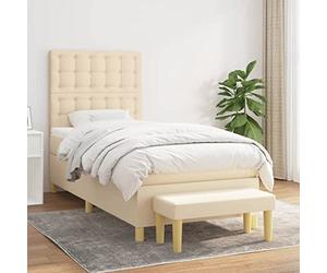 Sommier à lattes avec matelas et surmatelas 90x190 cm Crème Tête de lit réglable, Matelas à ressorts ensachés pour un sommeil réparateur, Banc de lit multifonctionnel, Design Tissu Durable