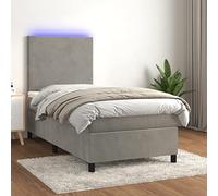 Sommier à lattes avec matelas intégré et bande LED RGB, tête de lit réglable en velours gris clair, 100x200 cm pour chambre adulte chambre d'amis, cadre lit et sommier tapissier confortable