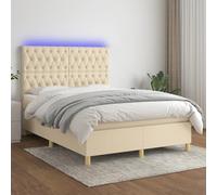 Sommier à Lattes Crème 140x200cm avec Matelas Ressorts Ensachés, Tête de Lit Réglable en Tissu Durable, Bande LED Intégrée pour Chambre à Coucher Moderne