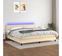 Sommier a lattes de lit et matelas et LED Creme 200x200cm Tissu Bed Frame with Adjustable Headboard, USB LED Strip Lights, Pocket Sprung Mattress Set, Soft Skin Mattress Headboard, Cream Fabric