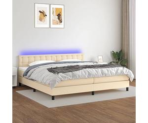 Sommier a lattes de lit et matelas et LED Creme 200x200cm Tissu Bed Frame with Adjustable Headboard, USB LED Strip Lights, Pocket Sprung Mattress Set, Soft Skin Mattress Headboard, Cream Fabric