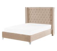 Sommier à Lattes Double 140 x 200 cm en Velours Beige Tête de Lit Haute Chesterfield Lubbon