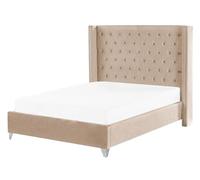 Sommier à Lattes Double 140 x 200 cm en Velours Beige Tête de Lit Haute Chesterfield Lubbon