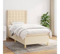 Sommier à lattes et matelas 90x190 cm Tissu Crème Lit avec tête de lit réglable et surmatelas mousse Cadre en bois massif, sommier tapissier pour chambre à coucher, soutien dos confortable