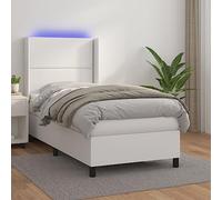 Sommier à Lattes LED Blanc 100x200 cm, Lit Plateforme en Similicuir Durable, Tête de Lit Réglable, Matelas à Ressorts Ensachés, Cama Complète, pour Chambre Moderne