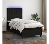 Sommier à Lattes Noir 90x200cm, Lit Rembourré en Tissu avec Tête de Lit Réglable, Matelas à Ressorts Ensachés et Bande LED Colorée, Cama Moderne