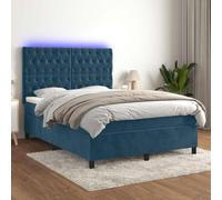 Sommier à Lattes tapissier en Velours Bleu foncé 140x190 cm avec Matelas à Ressorts ensachés, LED intégrée, tête de lit réglable et surmatelas Doux pour Chambre Moderne