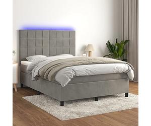 Sommier à Lattes tapissier Velours Gris Clair avec Matelas Ressorts ensachés 140x190 cm tête de lit réglable et Bande LED pour Chambre Confortable et Moderne
