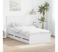 Sommier blanc 75x190 cm en plaque à base de bois, équipé d'un tiroir de rangement caché. Le design moderne avec une forme rectangulaire et des lattes solides offre