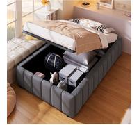 Sommier Coffre 1 Place avec Rangement Hydraulique Sans Tête de Lit - TCQPZ - en Lin et MDF Gris 90 × 200 cm
