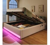 Sommier coffre 140 x 200 cm EVRYAE beige avec LED, USB et Type-C, poches latérales, sans matelas