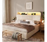 Sommier coffre 140x200 cm en velours beige lin avec tête de lit réglable, éclairage LED 16 couleurs et ports USB/Type-C