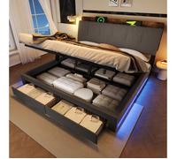 Sommier coffre 180x200 cm gris en lin et MDF avec rangements, USB, USB-C et LED