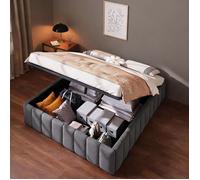 Sommier coffre hydraulique 140x200 cm, lin gris neutre, sans tête de lit, rangement caché, style épuré