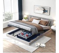Sommier double suspendu, bandeau lumineux LED 160*200cm, grand espace de rangement sous le lit, chargeur, beige