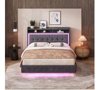 Sommier tapissier 140x200 cm avec prise USB et LED, design épuré en lin neutral gray, cadre stable