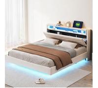 Sommier tapissier 160x200 cm tête de lit rabattable et éclairage LED couleur, USB intégré, revêtement lin beige-toné