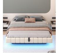 Sommier tapissier 180 x 200 cm AESVAR effet flottant, coffre de rangement, LED, sans tete de lit, beige