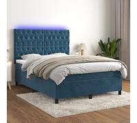 Sommier Tapissier avec Matelas 140x200 cm, Tête de Lit Réglable en Velours Bleu, Cadre de Lit à Lattes avec Surmatelas et Bandes LED Colorées pour Chambre à Coucher Adulte, Sommeil Réparateur