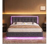 Sommier tapissier deux places 140x200 cm, lin neutral gray, avec éclairage LED et prise USB, capacité 250 kg