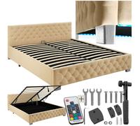 SOMMIER - TECTAKE - Lit capitonné avec bandes LED et espace de rangement 180x200 - Beige