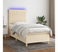 Sommier Tissu Crème 90x190 avec Matelas à Ressorts Ensachés et Tête de Lit Réglable, Cadre de Lit LED pour Chambre Adulte, Ensemble Literie Confortable et Moderne avec Surmatelas