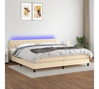Sommier with Mattress and LED Lights Cream 200x200cm Fabric Bed Frame Adjustable Headboard Spring Mattress for Modern Bedroom Sleeping Comfort