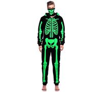 SOMSOC Costume d'Halloween squelette phosphorescent pour homme - Combinaison pyjama pour adulte - Costume d'Halloween avec tête de mort, noir, Small