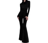 SOMTHRON Combinaison sexy à manches longues pour femme - Dos nu - Jambes longues larges évasées - Combinaison moulante une pièce - Combi-short, Noir , M