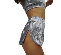 SOMTHRON Short de yoga en velours pour femme, taille haute, côté fendu, couleur unie mini chaud pantalon de gym, entraînement rave booty danse short, gris, L