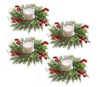 SOMYTING Lot de 4 Anneaux de Bougie de Noël 27 cm Baies Rouges artificielles Couronne D'aiguilles de pin enneigées pour Colonnes Décoration Rustique de Table de Noël Pièce Centrale de