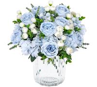 SOMYTING Lot de 4 bouquets de pivoines artificielles - Bouquet de pivoines artificielles - Fleurs d'hortensia en soie - Bouquets de pivoines en soie pour mariage - Décoration de table (bleu-blanc)