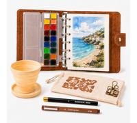 SON4SUN Kit Aquarelle de Voyage avec 18 Couleurs, Papier Aquarelle, Pinceau | Kit Aquarelle Complet avec Couverture PU, Palette, Gobelet Pliable et Sac, pour Peinture en Extérieur, Plein Air et Artistes