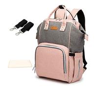 SONARIN Multifonction Sac à Dos à Langer Bébé étanche avec Matelas à langer,Sac à Couches,Organisateur de Sac à Dos de Voyage,Interface USB,Grande Capacité(Rose & Gris)