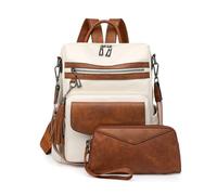 SONARIN PU Sac à Dos à Main Femme,Imperméable Mode Sac à Dos Femme avec Sacoche Vintage,Sacs à Loisir Sacs à Bandoulière Convertible pour École Tavail Voyage(Blanc + Marron)