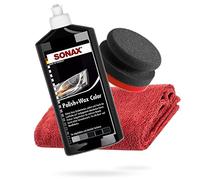 SONAX Kit de polissage manuel - SONAX Polish+Wax Color Noir 500ml + Éponge de polissage manuelle dure Ø90/50mm + Chiffon de polissage en microfibre Edgeless 550GSM rouge