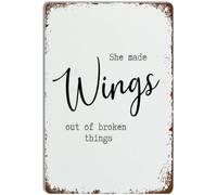 SONAXO Panneau humoristique en métal avec inscription « She Made Wings Out of Broken Things » - Cadeau amusant pour bar, pub, université, dortoir, 30,5 x 40,6 cm