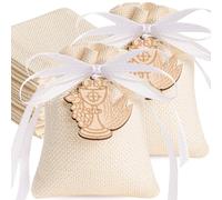 Sonekin Contenant Dragées Communion, 10x8cm Avec Ruban Blanc et Pendentif en Bois, Convient Pour Communion, Mariage(Beige + 50 Pièces Saint Graal)