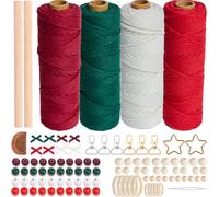 Sonekin Corde Macramé 3mm Pour Noël, Inclut 100 Accessoires de Tricot | Perles en Bois, Anneaux en Bois, Bâtonnets, Porte-Clés, Étoiles Dorées et Une Aiguille à Perler