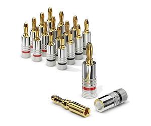 sonero® fiches bananes, lot de 16, pour tous les câbles de haut-parleur d'un diamètre maximum de 6 mm², 16 pièces avec codage couleur (12x rouge, 12x noir), plaquées or 24 carats